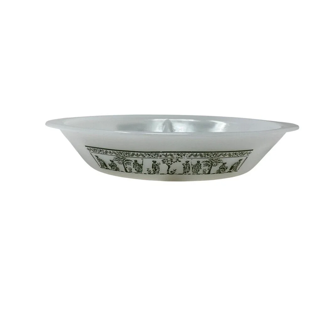 Glasbake Divided Dish J-2352 Green Grecian Figures Milk Glass Vintage Grannycore